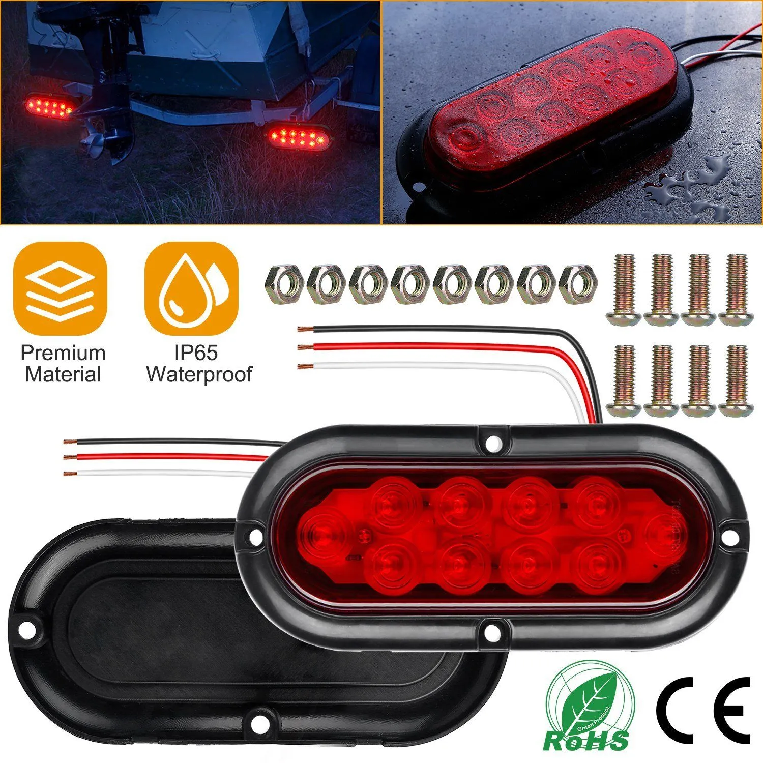 2-Pieces: Oval LED Brake Light 10 LED Lamp Stop Turn Tail Light