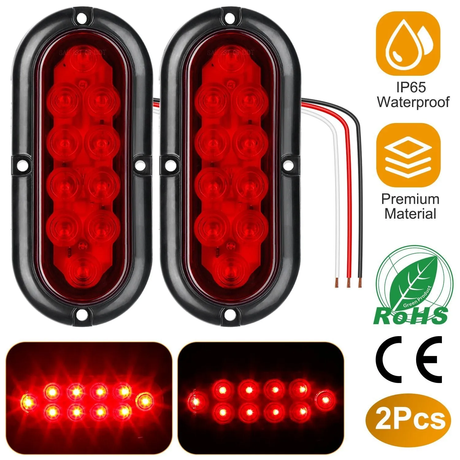 2-Pieces: Oval LED Brake Light 10 LED Lamp Stop Turn Tail Light