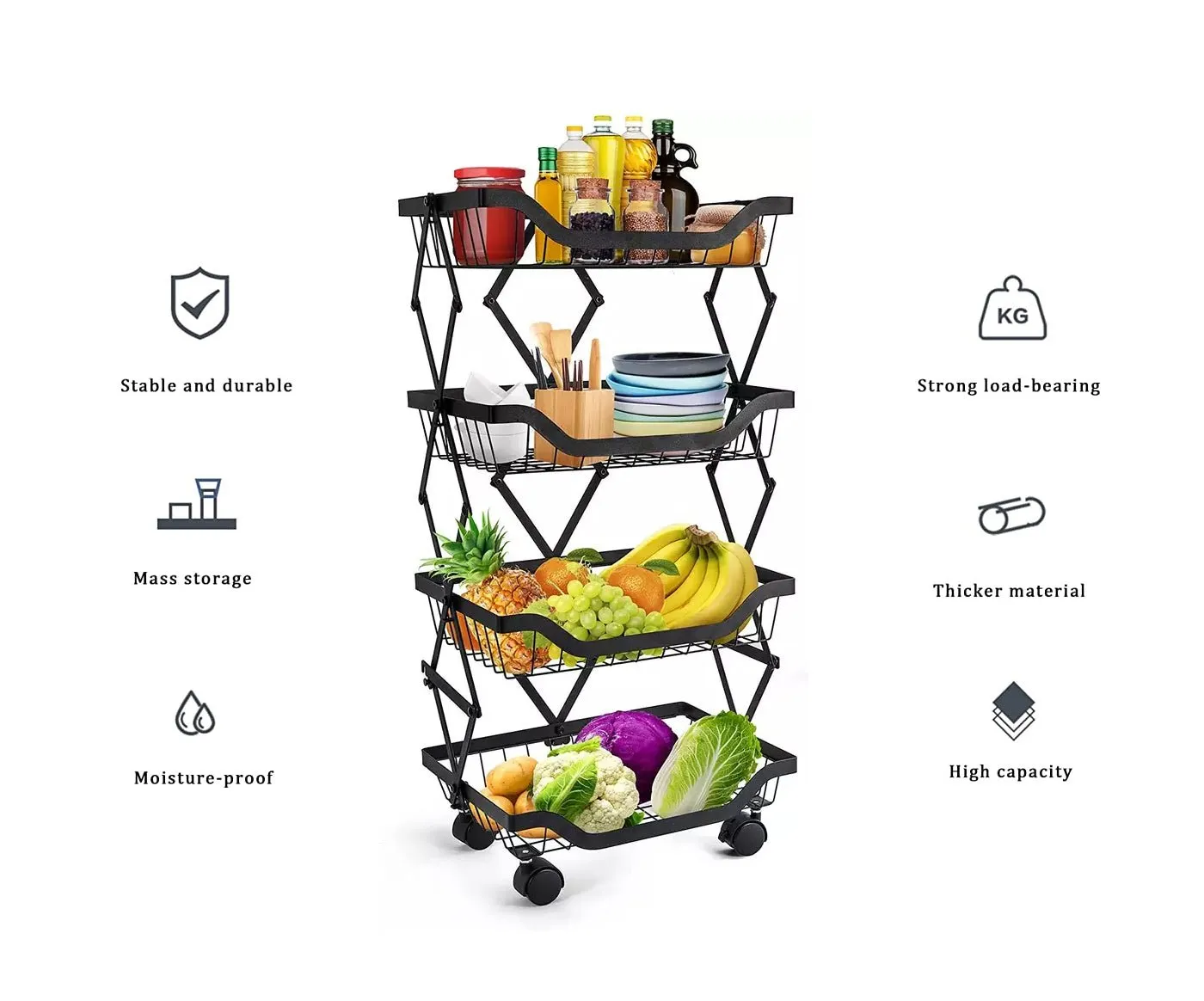 4 Layer Adjustable Foldable Movable Storage Rack for Kitchen Use