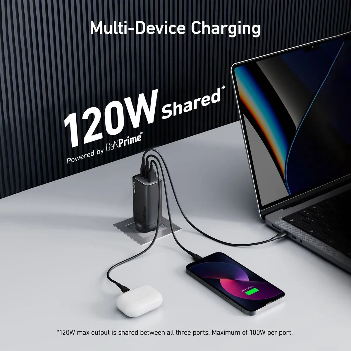 Anker GaNPrime 120W 3-Port Wall Charger with USB-C to USB-C Cable (Black)