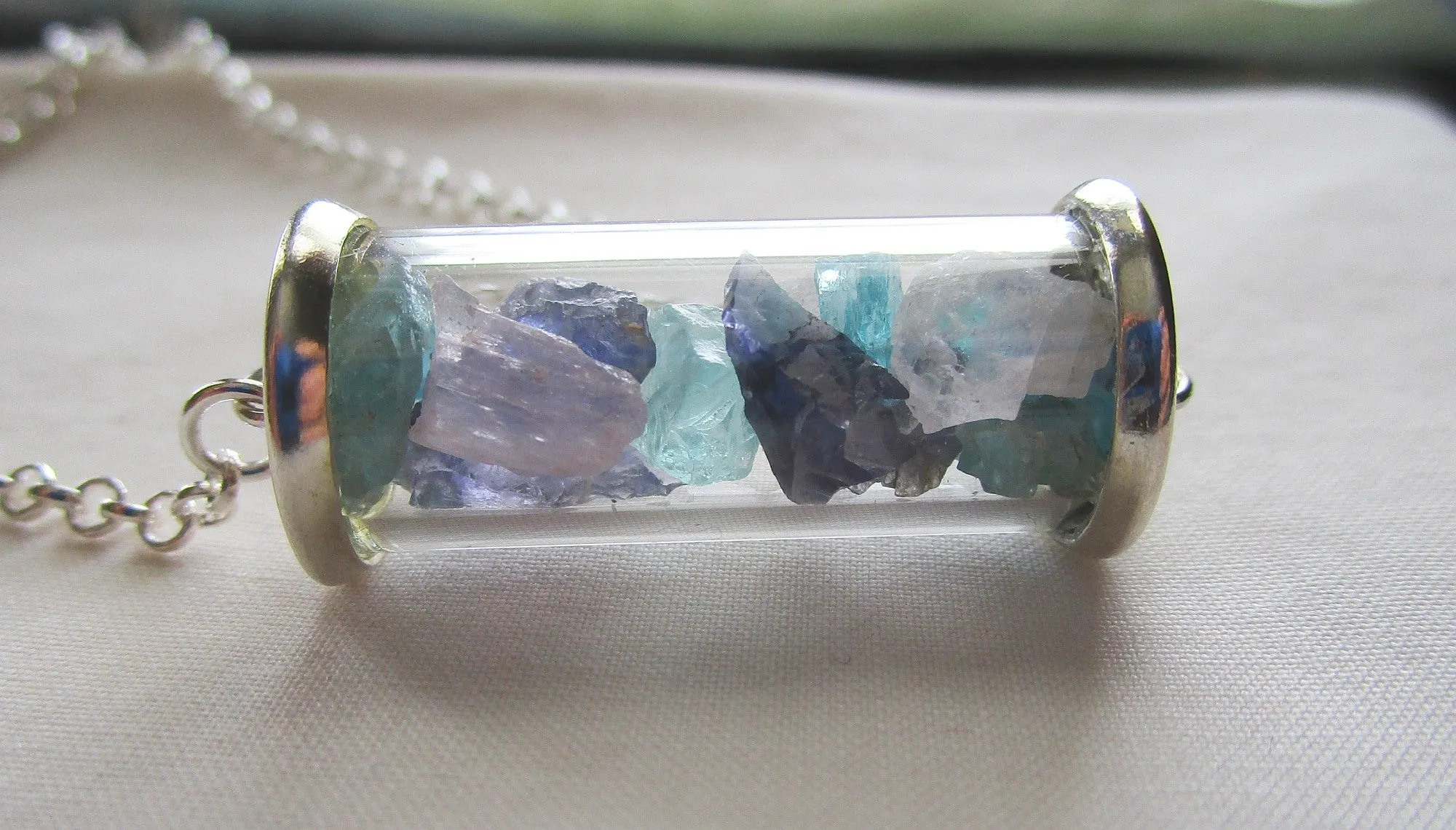 Apatite Kunzite Iolite Gemstones Glass Cylinder Necklace