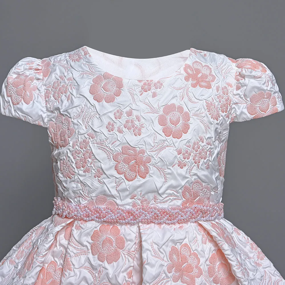 B19-1795 2 to 7 Years Yoliyolei Pleat Jacquard Fabric Floral Print Girl Princess Dress Pearls Waist Girls Elegant Dresses For 2 To 7 Years Birthday