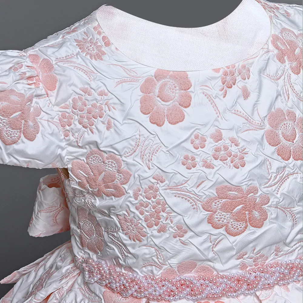 B19-1795 2 to 7 Years Yoliyolei Pleat Jacquard Fabric Floral Print Girl Princess Dress Pearls Waist Girls Elegant Dresses For 2 To 7 Years Birthday