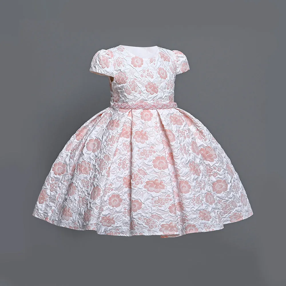 B19-1795 2 to 7 Years Yoliyolei Pleat Jacquard Fabric Floral Print Girl Princess Dress Pearls Waist Girls Elegant Dresses For 2 To 7 Years Birthday