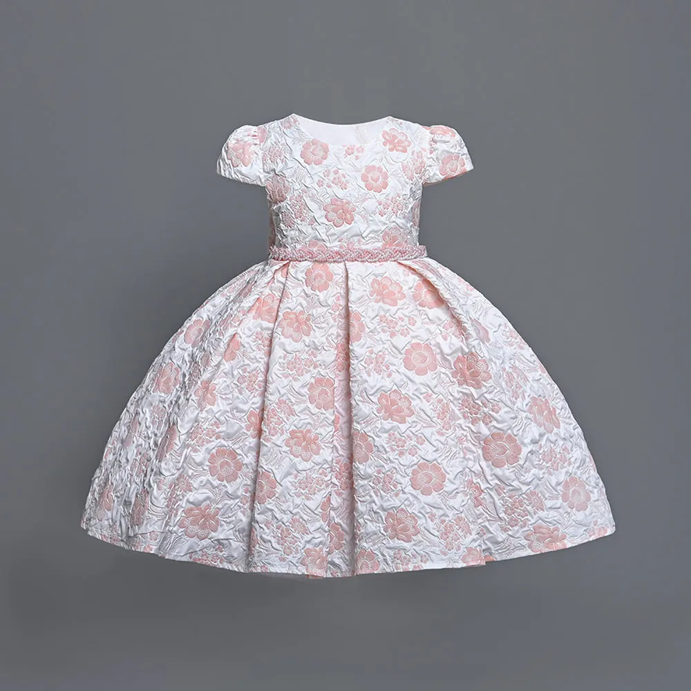 B19-1795 2 to 7 Years Yoliyolei Pleat Jacquard Fabric Floral Print Girl Princess Dress Pearls Waist Girls Elegant Dresses For 2 To 7 Years Birthday
