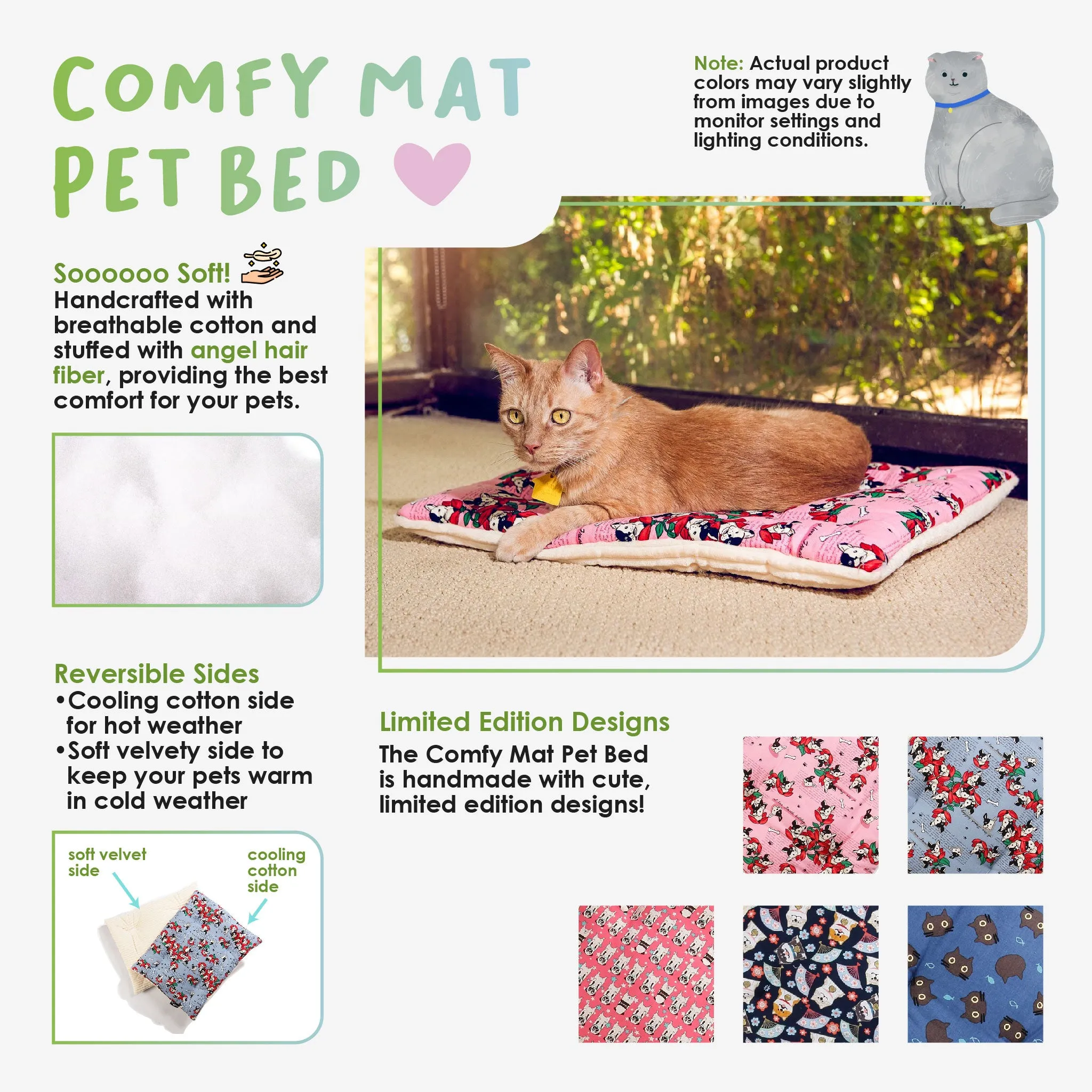 Comfy Mat Pet Bed: Breathable Cotton, Reversible & Cooling Side for Hot Days, Velvety Side for Cold Days, Angel Hair Fiber, Handmade Stitching, Perfect for Crates & Travel, for Small Animals