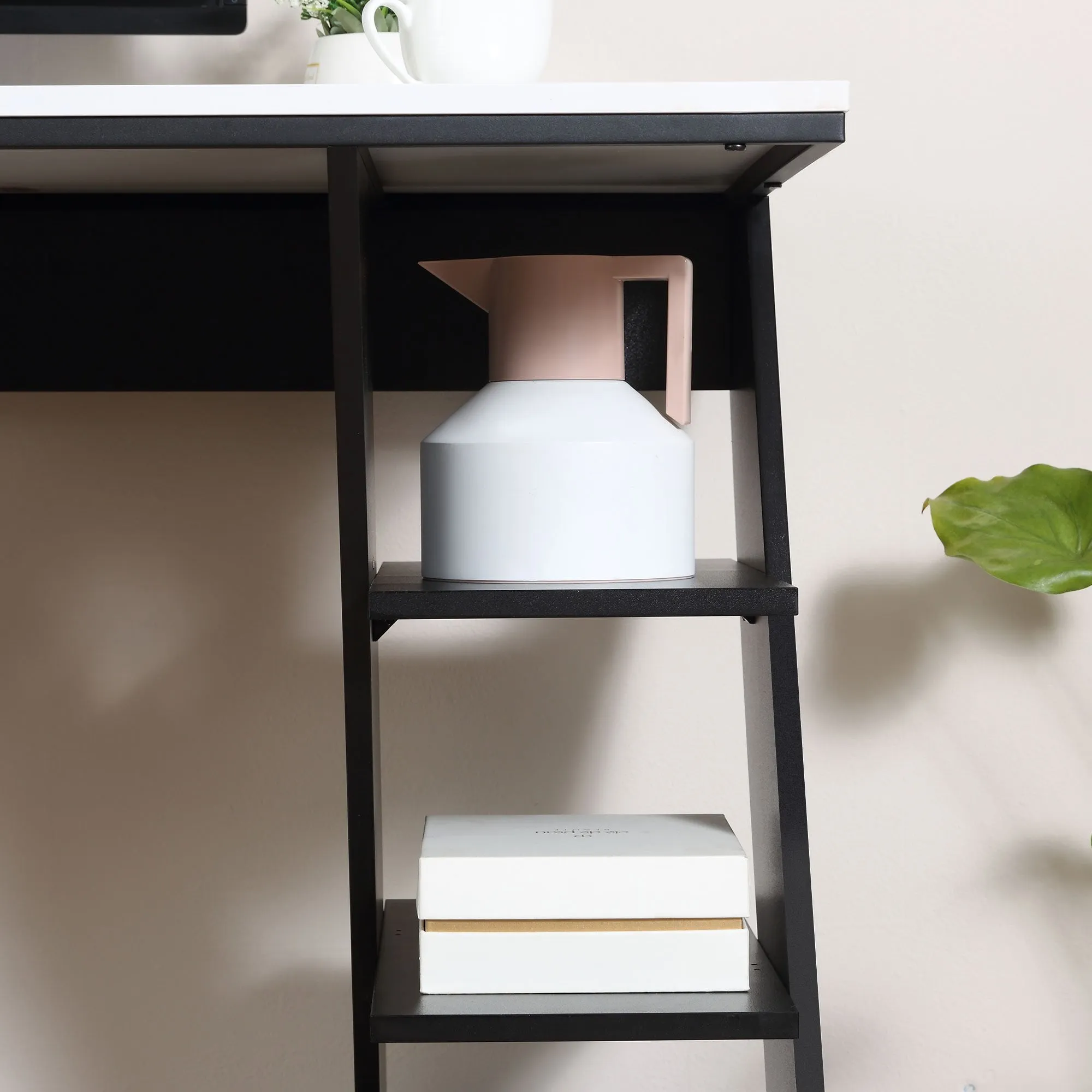 Computer Desk, Home Office Desk, Writing Table, 120x60x75.5cm Laptop Workstation with 6 Open Shelves for Adults and Kids, White and Black Storage