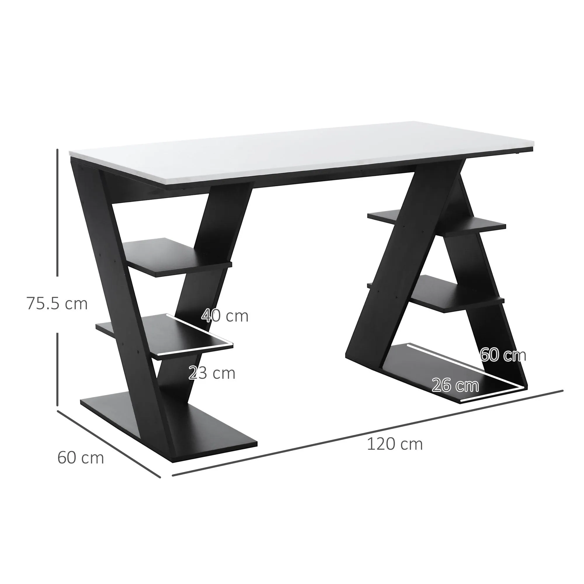 Computer Desk, Home Office Desk, Writing Table, 120x60x75.5cm Laptop Workstation with 6 Open Shelves for Adults and Kids, White and Black Storage