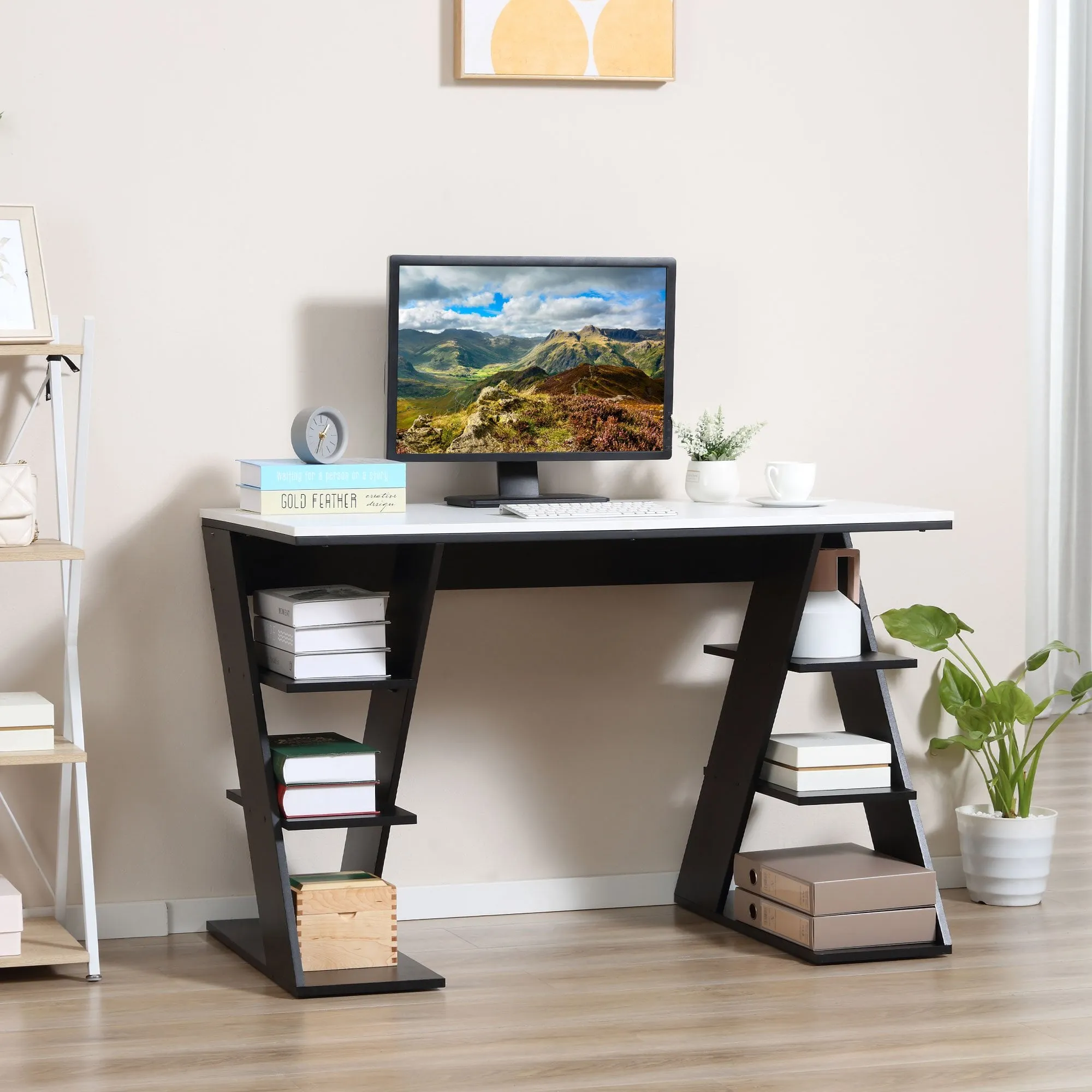Computer Desk, Home Office Desk, Writing Table, 120x60x75.5cm Laptop Workstation with 6 Open Shelves for Adults and Kids, White and Black Storage