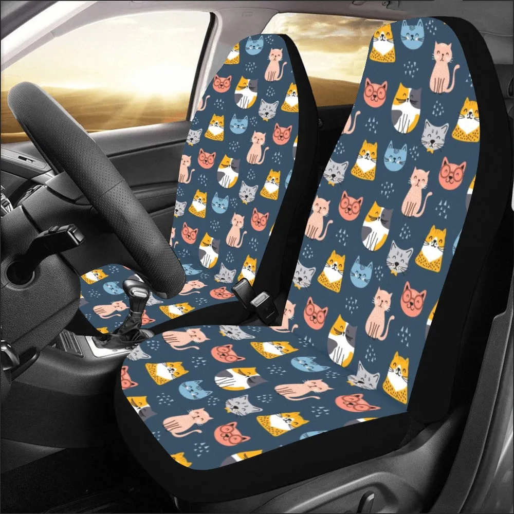 Cute Cats Car Seat Covers for Vehicle 2 pc Set, Animal Pet Cat Print Pattern Front Seat Puppy Gift Women Protector Accessory SUV Decoration