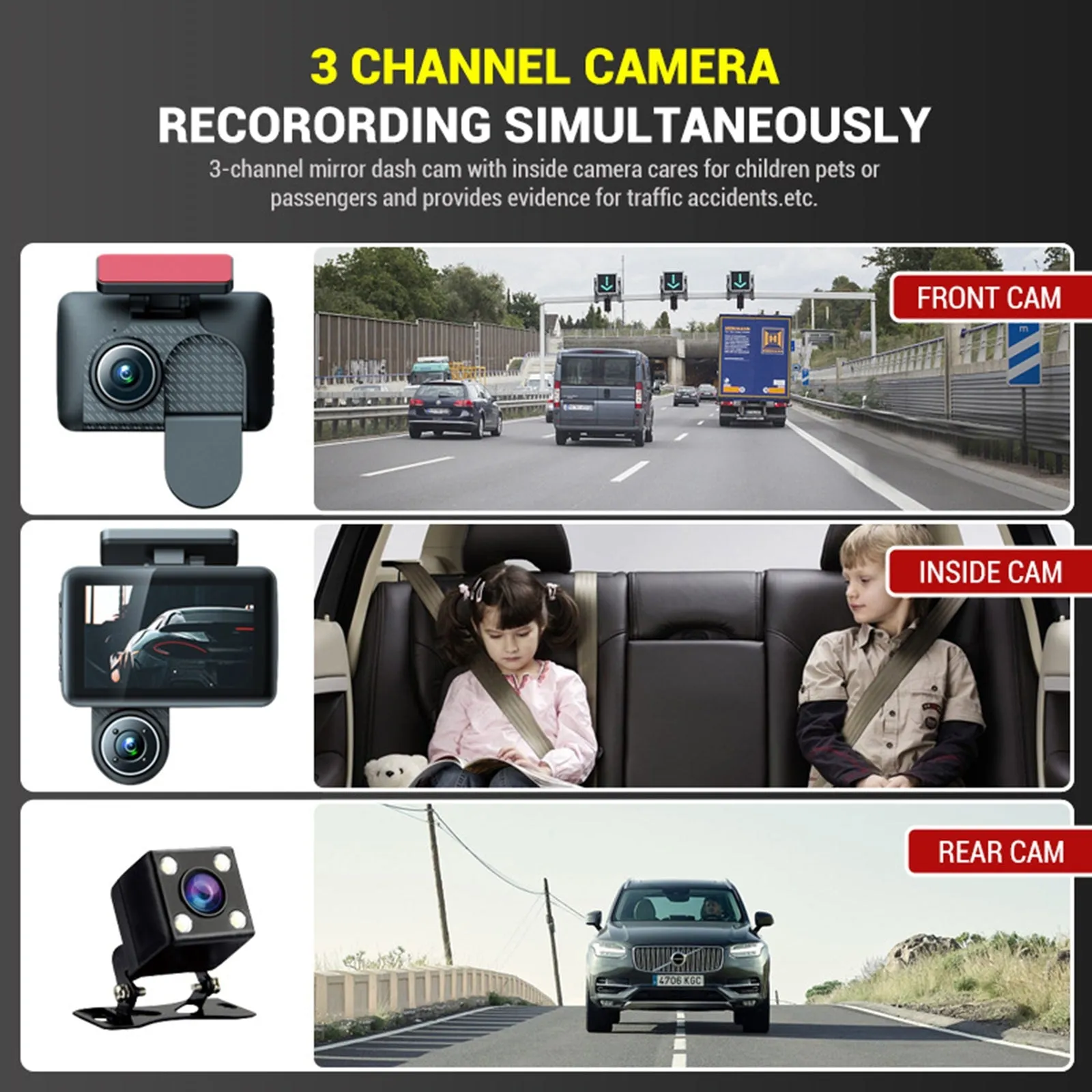 Dash Cam Front Rear Inside 3 Channel 1080P 4.0 Inch Screen Car