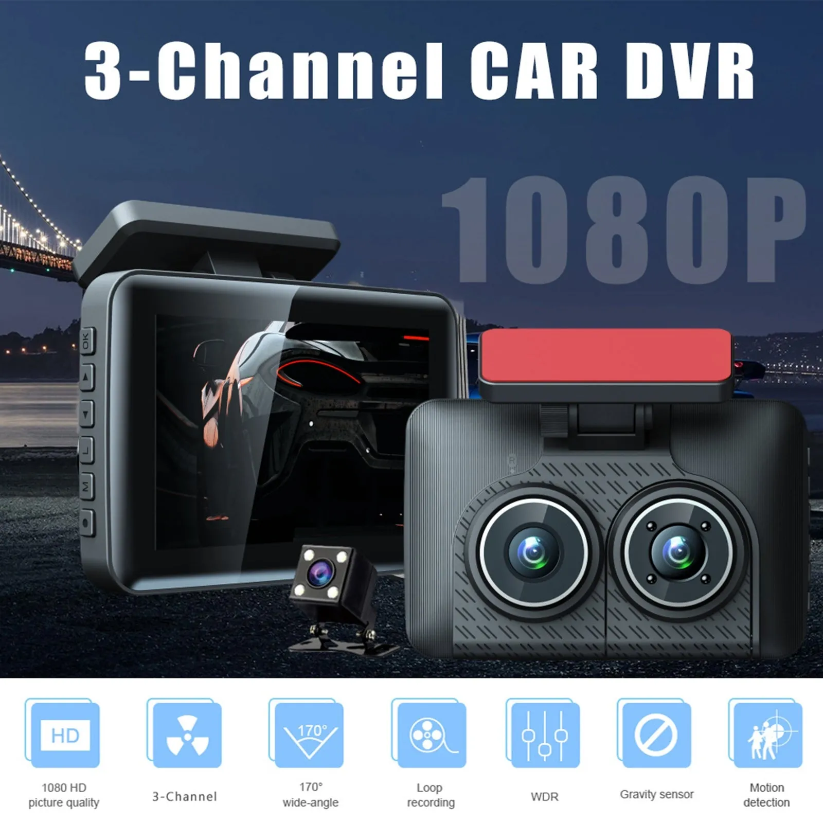 Dash Cam Front Rear Inside 3 Channel 1080P 4.0 Inch Screen Car