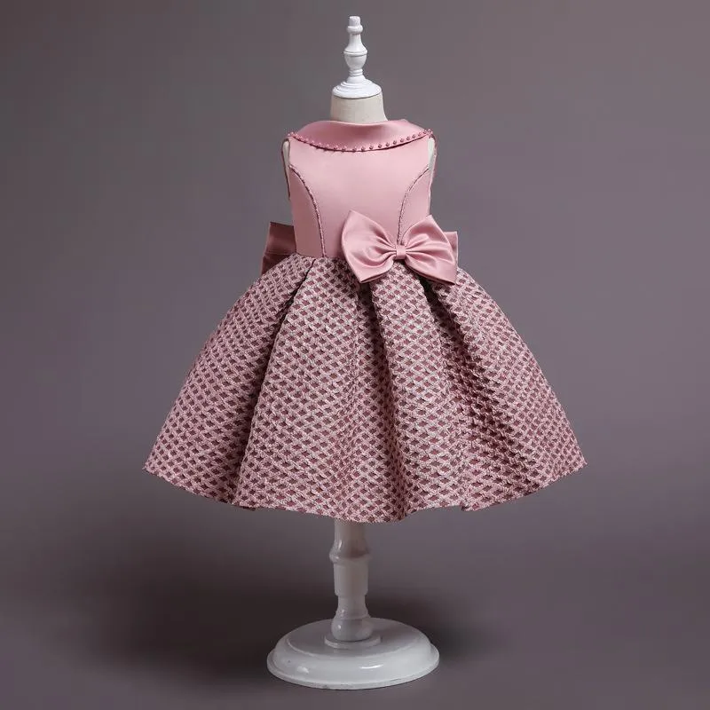 DS001 Girl Dresses Baby Satin Plaid Flower Vintage Big V-shape Bow Pageant Kids Birthday Party Ball Gown Tutu Princess Dress for Girls