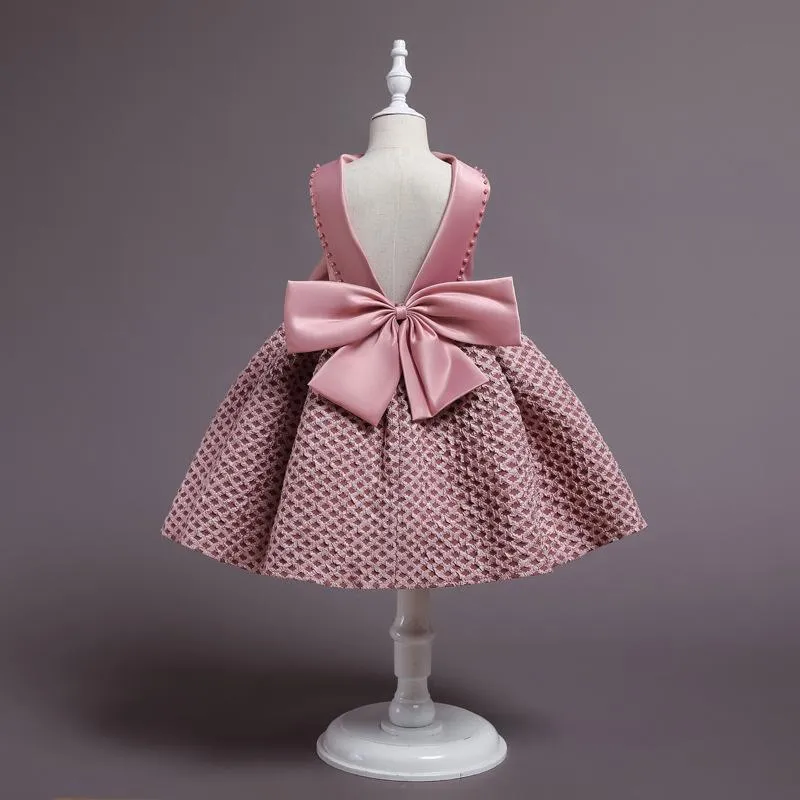 DS001 Girl Dresses Baby Satin Plaid Flower Vintage Big V-shape Bow Pageant Kids Birthday Party Ball Gown Tutu Princess Dress for Girls