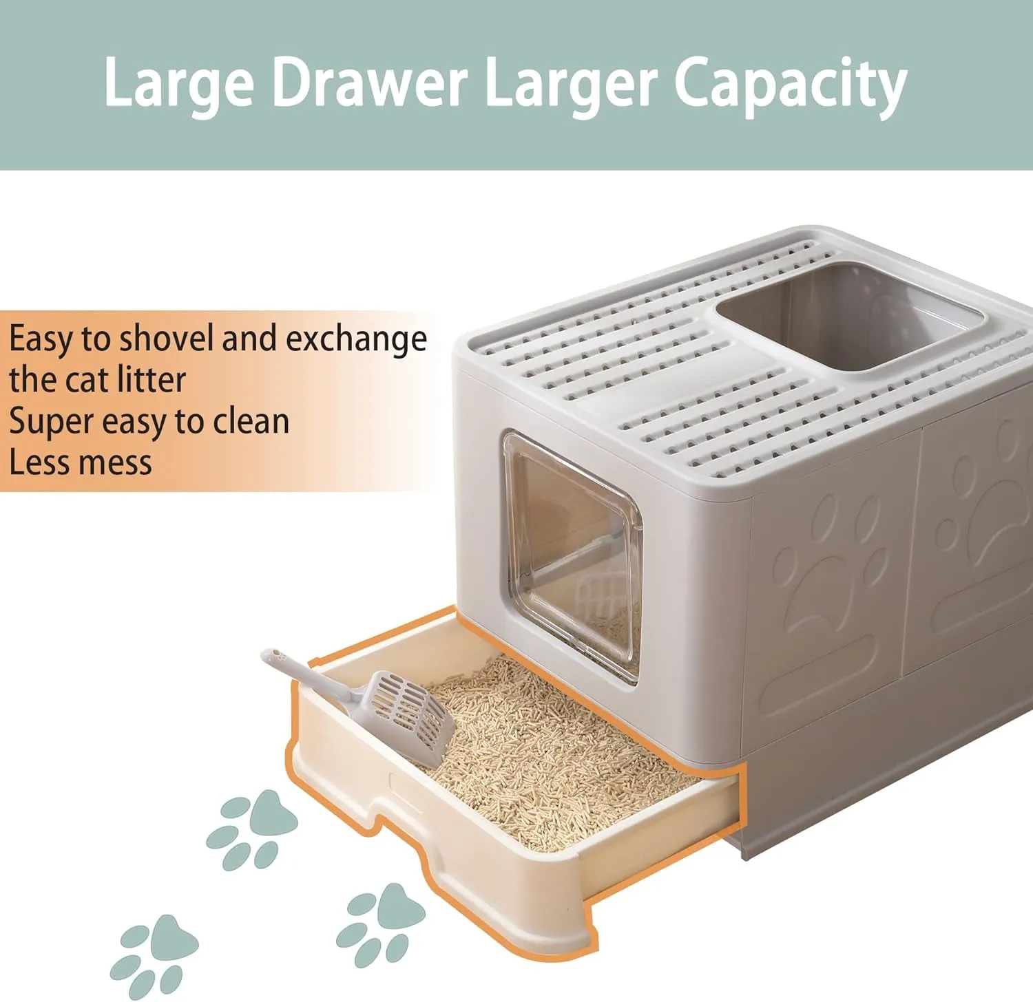Foldable Cat Litter Box with Lid, Large Top Entry Anti-Splashing with Cat Litter Scoop, Enclosed Plastic Kitty Litter Box with Drawer Type Easy Clean Cat Litter Pan(Gray)