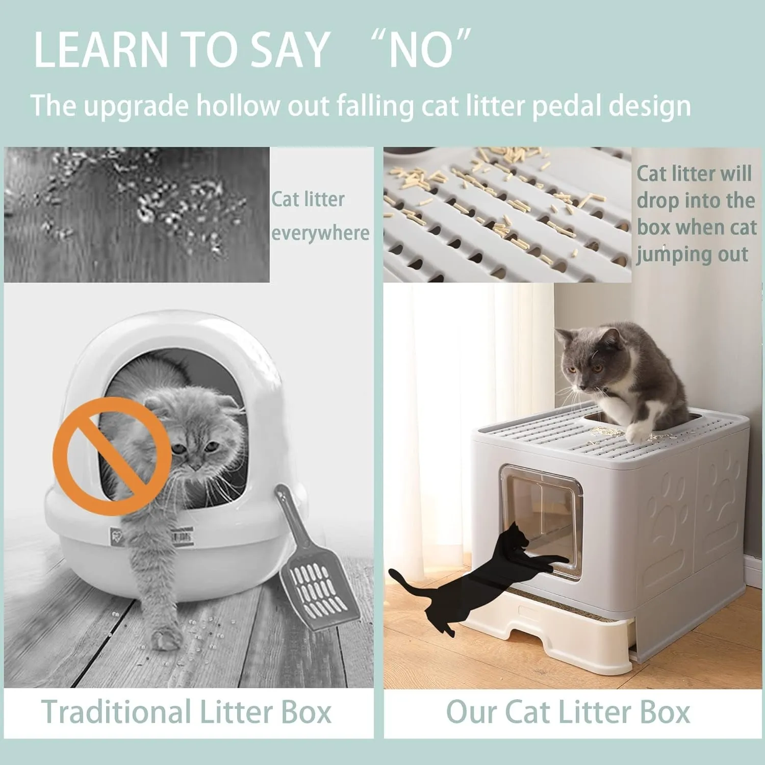 Foldable Cat Litter Box with Lid, Large Top Entry Anti-Splashing with Cat Litter Scoop, Enclosed Plastic Kitty Litter Box with Drawer Type Easy Clean Cat Litter Pan(Gray)