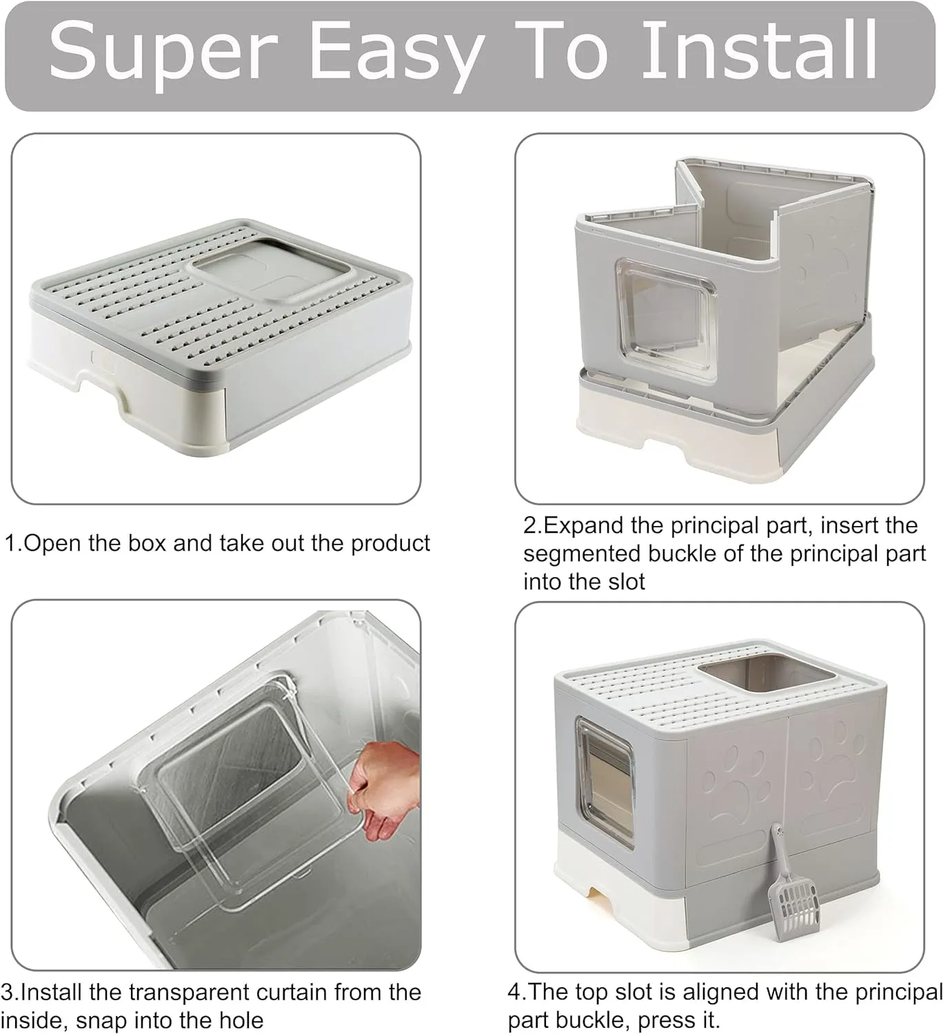 Foldable Cat Litter Box with Lid, Large Top Entry Anti-Splashing with Cat Litter Scoop, Enclosed Plastic Kitty Litter Box with Drawer Type Easy Clean Cat Litter Pan(Gray)