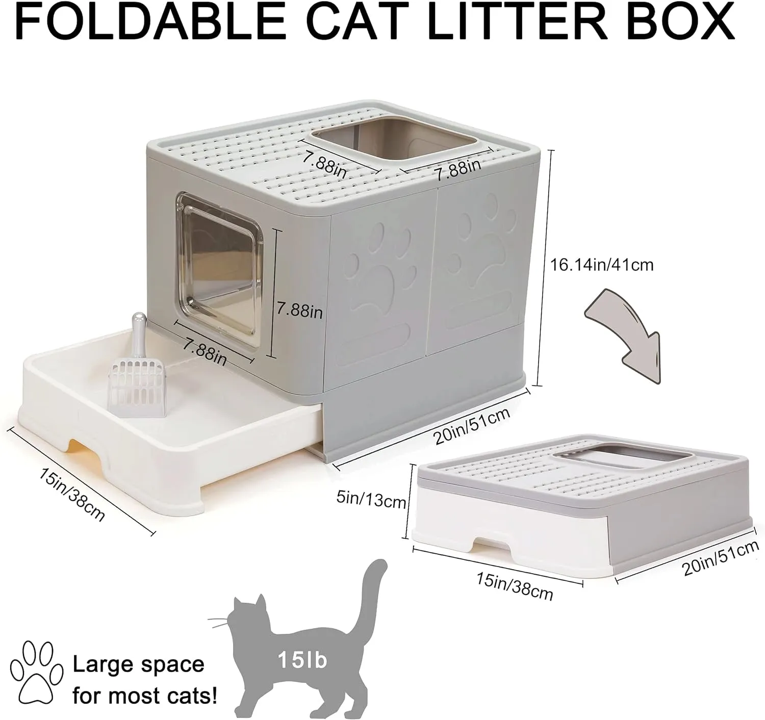Foldable Cat Litter Box with Lid, Large Top Entry Anti-Splashing with Cat Litter Scoop, Enclosed Plastic Kitty Litter Box with Drawer Type Easy Clean Cat Litter Pan(Gray)