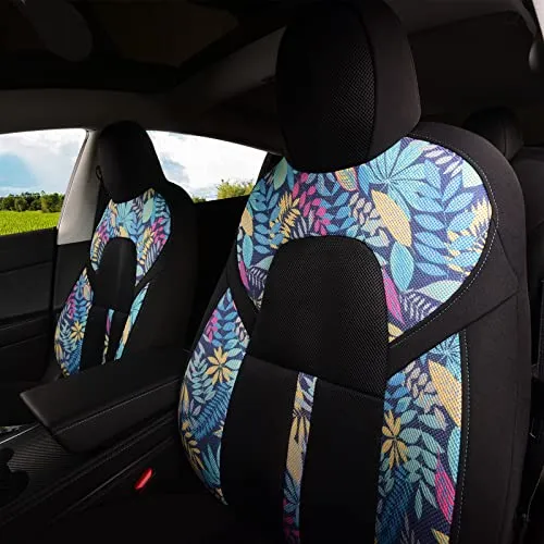 Front Custom Fit Two Tone Black/Tropical Leaves Print Fully Wrapped Fabric Cloth Seat Covers for 2017-2022 Tesla Model 3 & Model Y (2 Pieces)