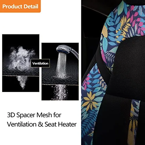 Front Custom Fit Two Tone Black/Tropical Leaves Print Fully Wrapped Fabric Cloth Seat Covers for 2017-2022 Tesla Model 3 & Model Y (2 Pieces)