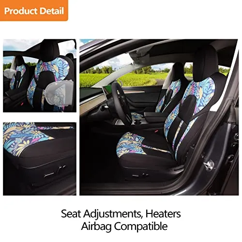 Front Custom Fit Two Tone Black/Tropical Leaves Print Fully Wrapped Fabric Cloth Seat Covers for 2017-2022 Tesla Model 3 & Model Y (2 Pieces)