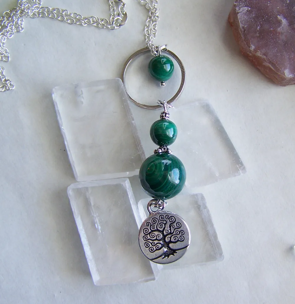 Green Malachite Beads Silver Tree of Life Elemental Necklace