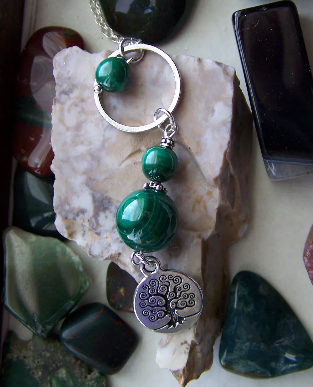 Green Malachite Beads Silver Tree of Life Elemental Necklace