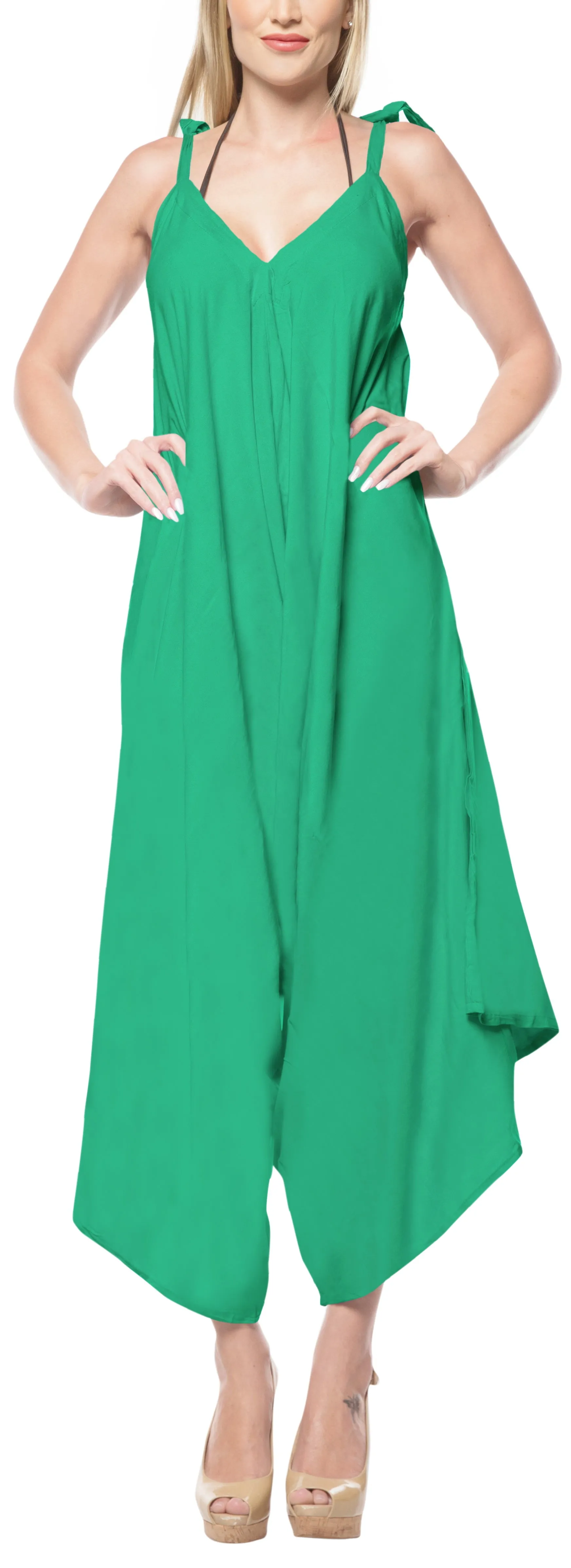 LA LEELA Beach Dress Solid Casual Swimwear Stretchy OSFM 14-16  Sea Green_3429