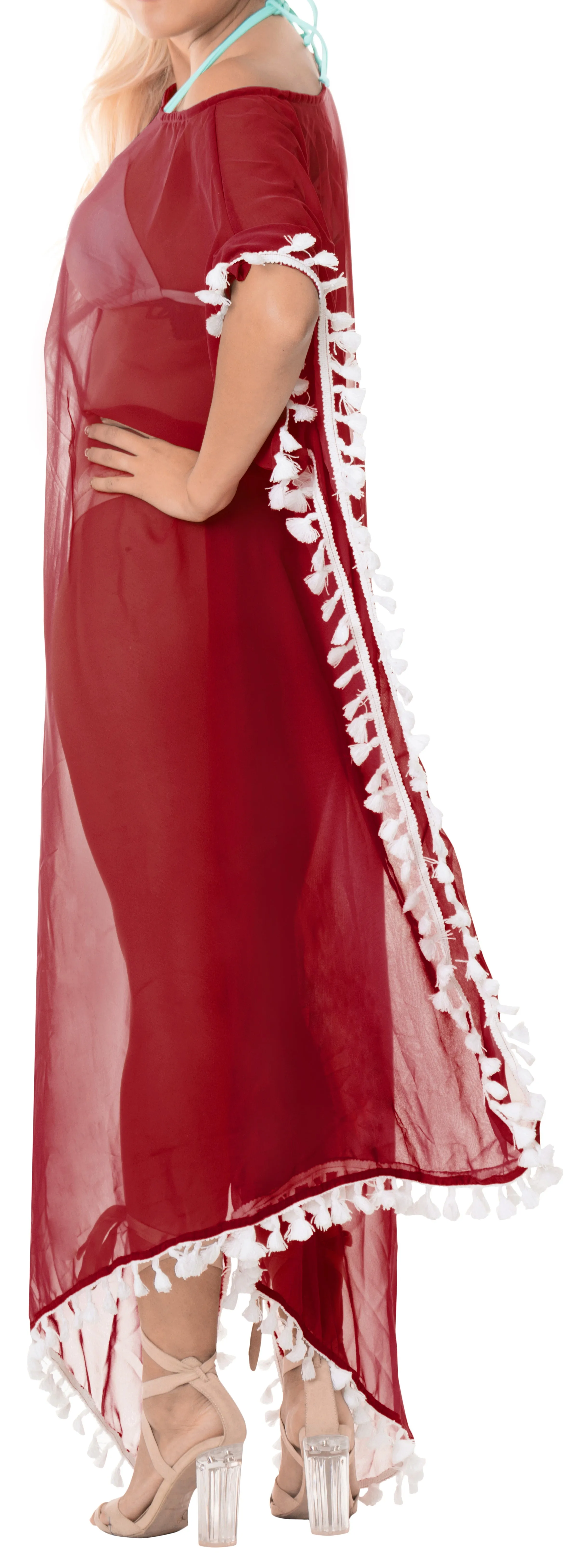 LA LEELA Chiffon Solid Long Caftan Tunic Dress Women Red_4112 OSFM 14-18W [L-2X]