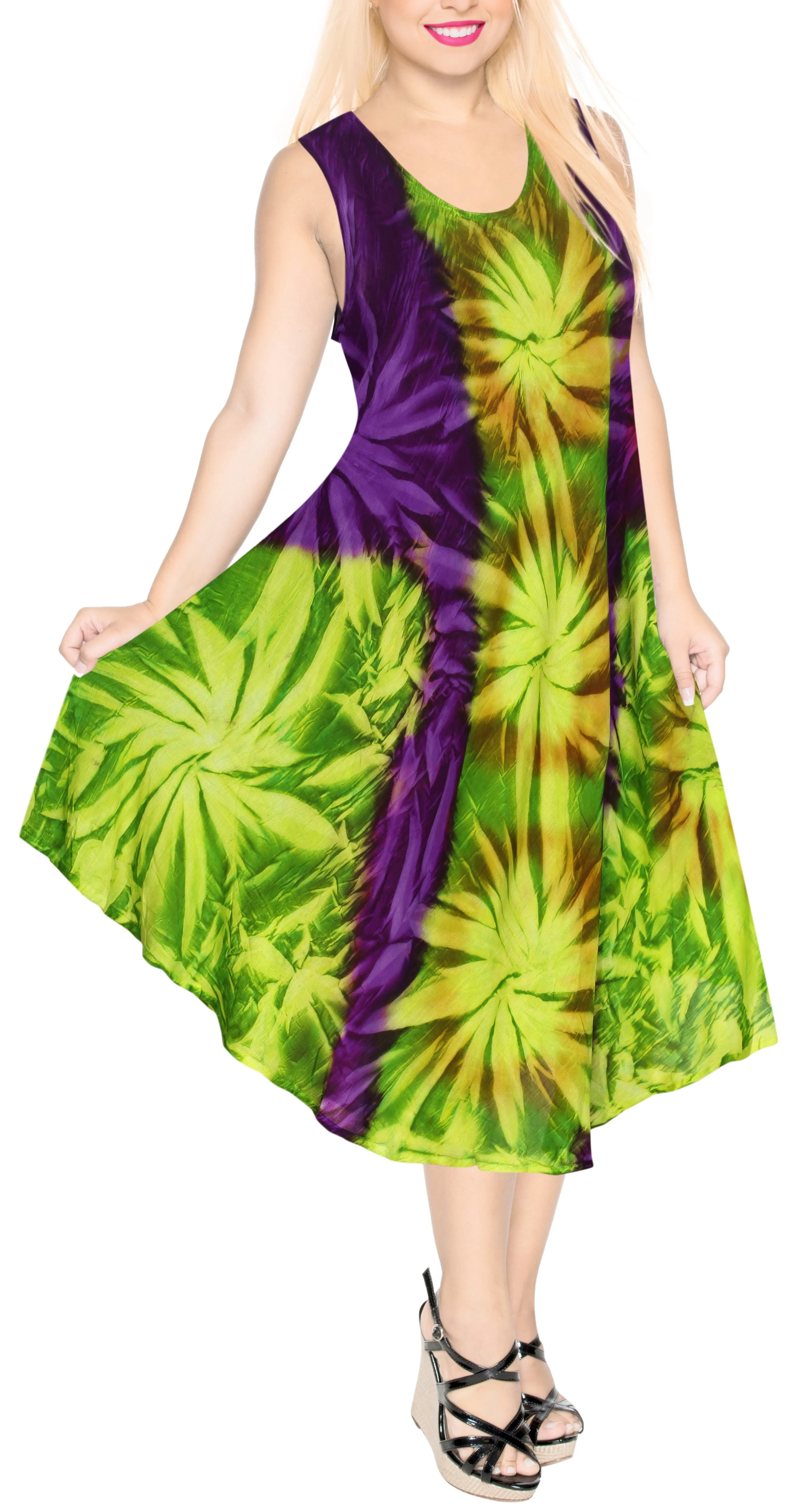 LA LEELA DRESS Beach Cover up Rayon Tie Dye Casual Tank Top Cover Up Violet_C102 OSFM 14-20W [L-2X]