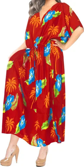 LA LEELA Lounge Caftan Likre Printed Resort Wear Kaftan Blouse Beach Dress Designer Cover ups Blood Red_K766