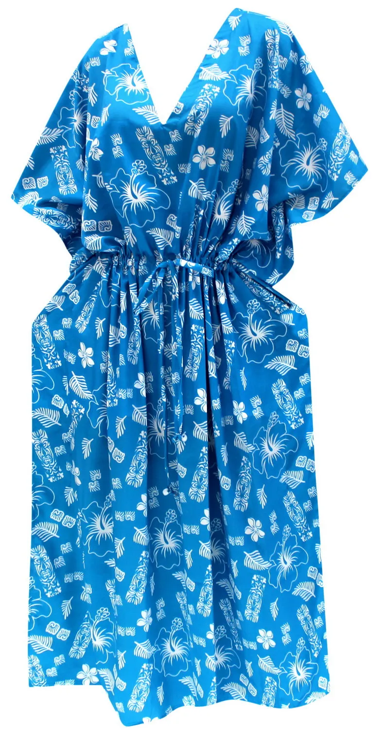 LA LEELA Lounge Caftan Likre Printed Resort Wear Kaftan Blouse Beach Dress Designer Cover ups Blue_I613