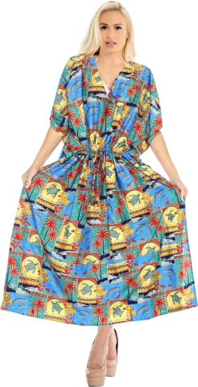 LA LEELA Lounge Caftan Likre Printed Resort Wear Kaftan Blouse Beach Dress Designer Cover ups Green_K772
