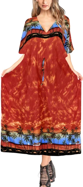 LA LEELA Lounge Caftan Likre Printed Resort Wear Kaftan Blouse Beach Dress Designer Cover ups  Pumpkin Orange_N882