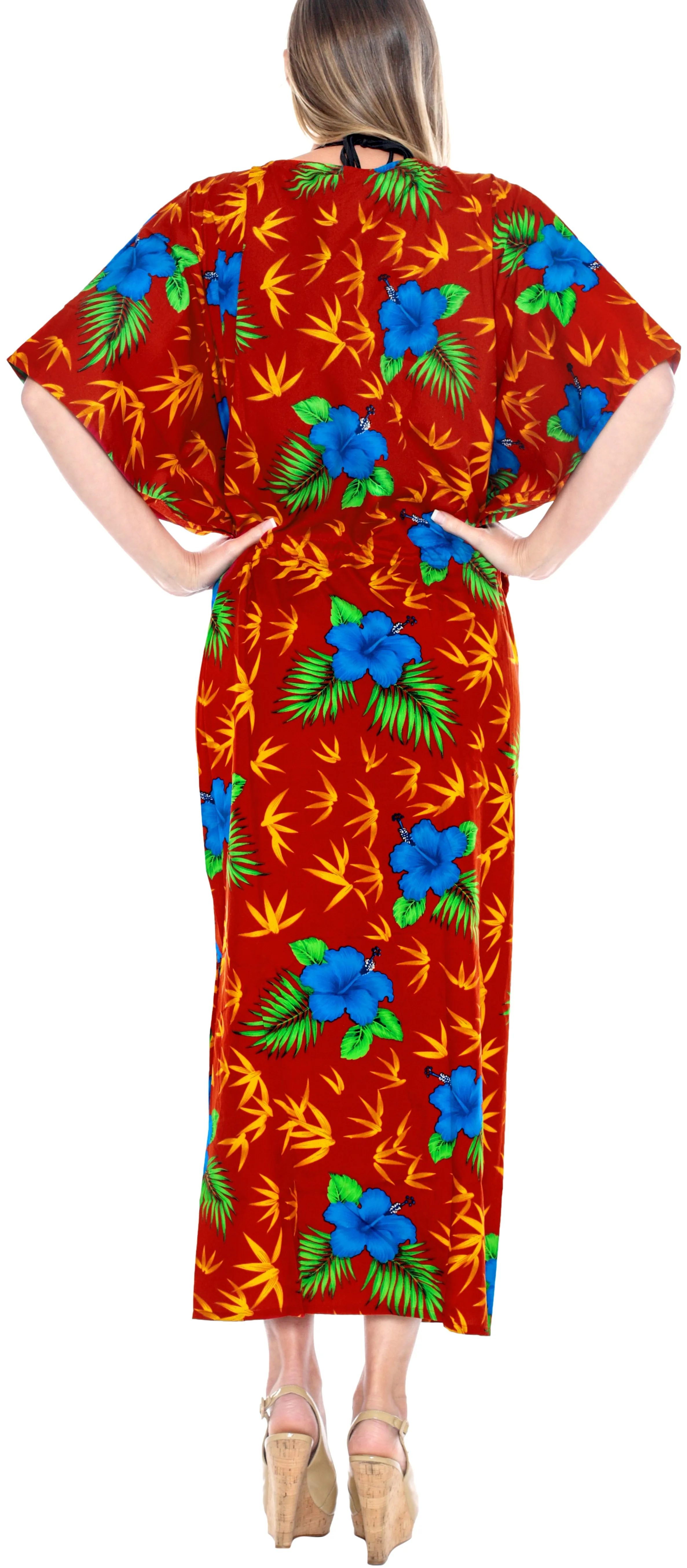 LA LEELA Lounge Caftan Solid Plain Plus Size Maxi Kimono lounger Drawstring Aloha Over size Red