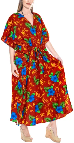 LA LEELA Lounge Caftan Solid Plain Plus Size Maxi Kimono lounger Drawstring Aloha Over size Red