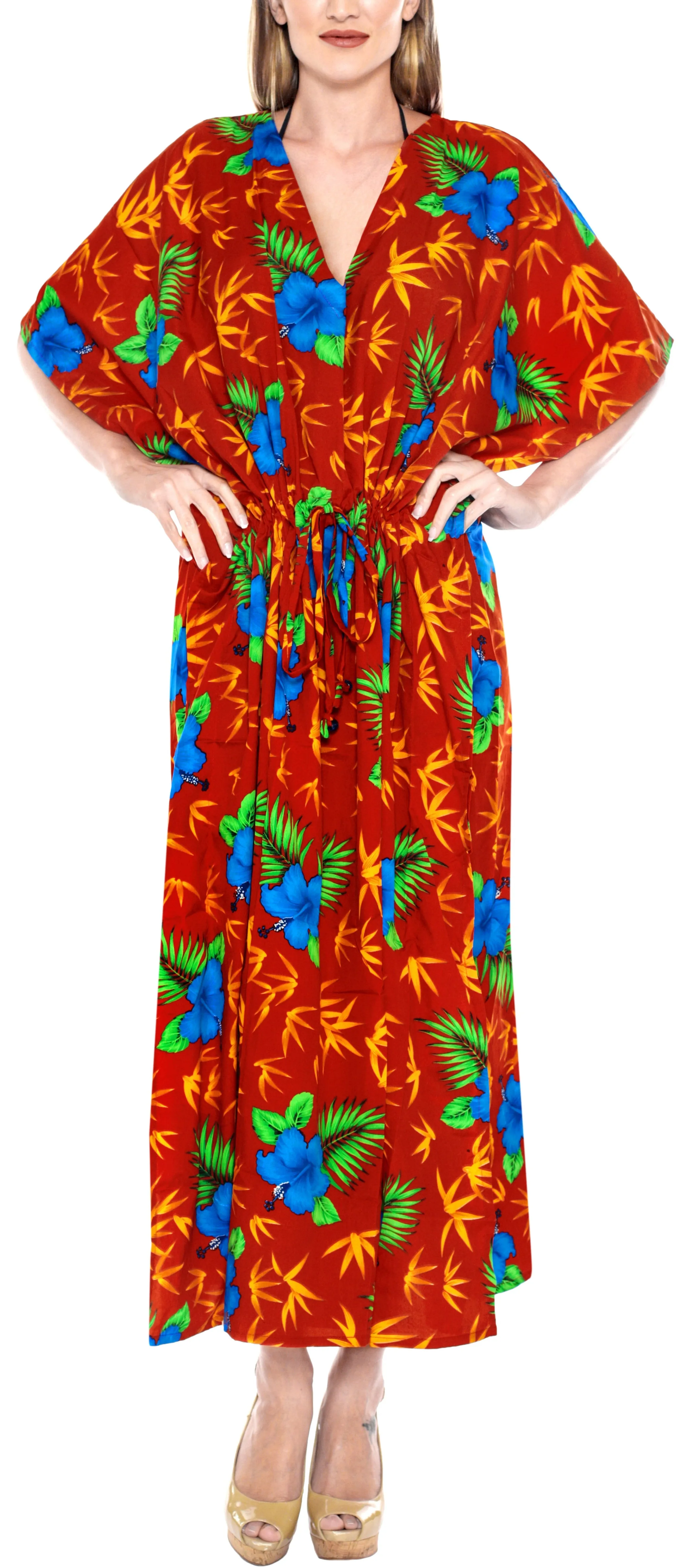 LA LEELA Lounge Caftan Solid Plain Plus Size Maxi Kimono lounger Drawstring Aloha Over size Red