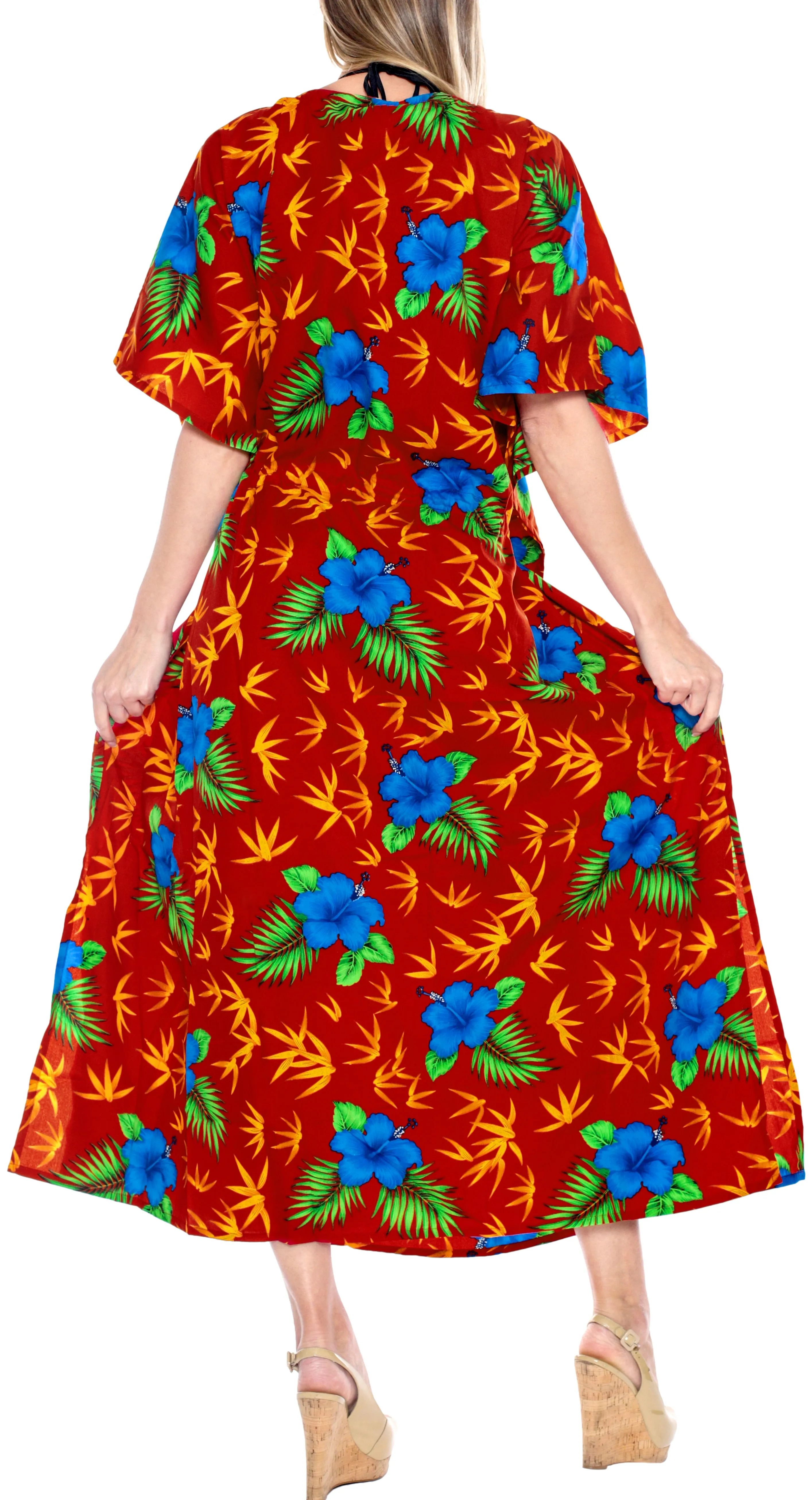 LA LEELA Lounge Caftan Solid Plain Plus Size Maxi Kimono lounger Drawstring Aloha Over size Red
