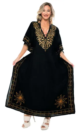 LA LEELA Lounge Rayon Solid Long Caftan Beach Dress Top Girls Black_957 OSFM 14-18W [L-2X]