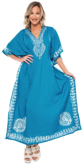 LA LEELA Lounge Rayon Solid Long Caftan Nightgown Women OSFM 14-18W [L- 2X] Blue_L438