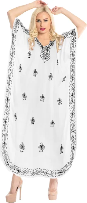 LA LEELA Lounge Rayon Solid Long Caftan Nightgown Women OSFM 14-18W [L- 2X] Ghost White_P732