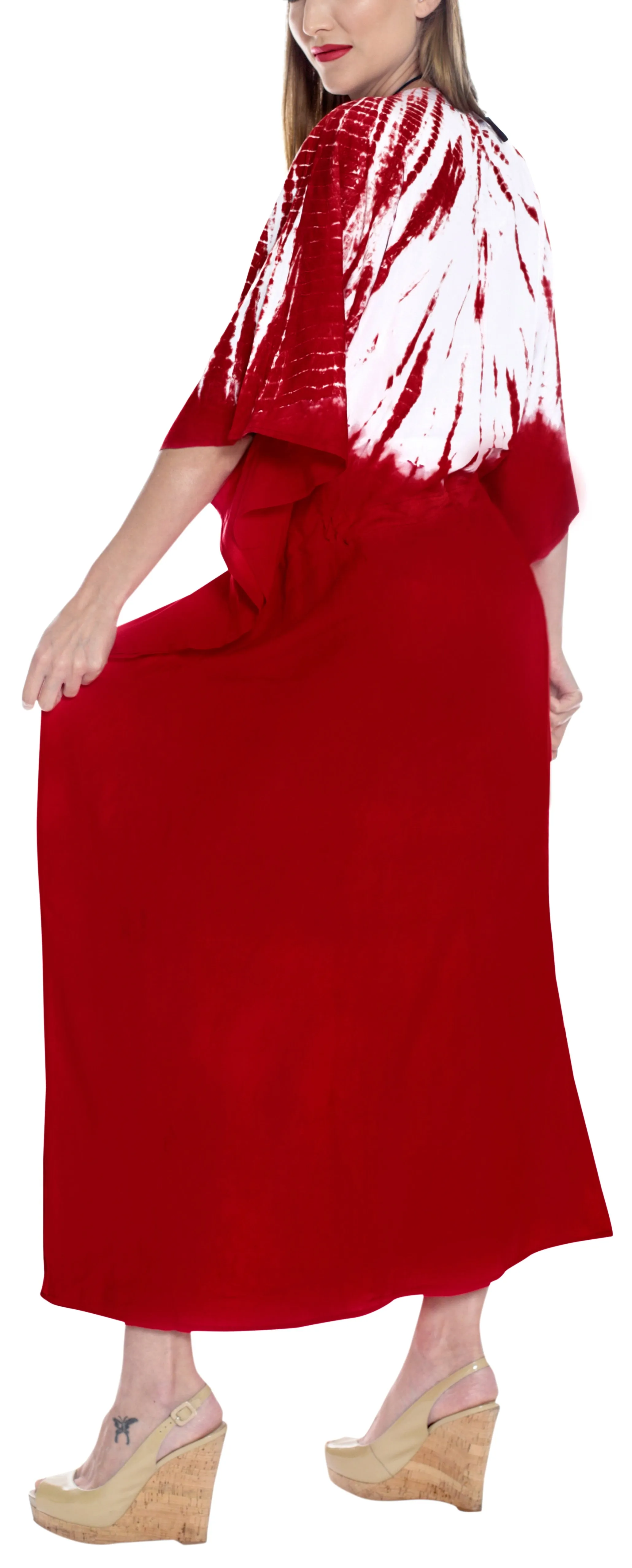 LA LEELA Lounge Rayon Tie_Dye Long Caftan Tunic Top Women Red_1400 OSFM 14-32W [L-5X]