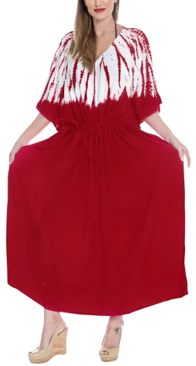 LA LEELA Lounge Rayon Tie_Dye Long Caftan Tunic Top Women Red_1400 OSFM 14-32W [L-5X]