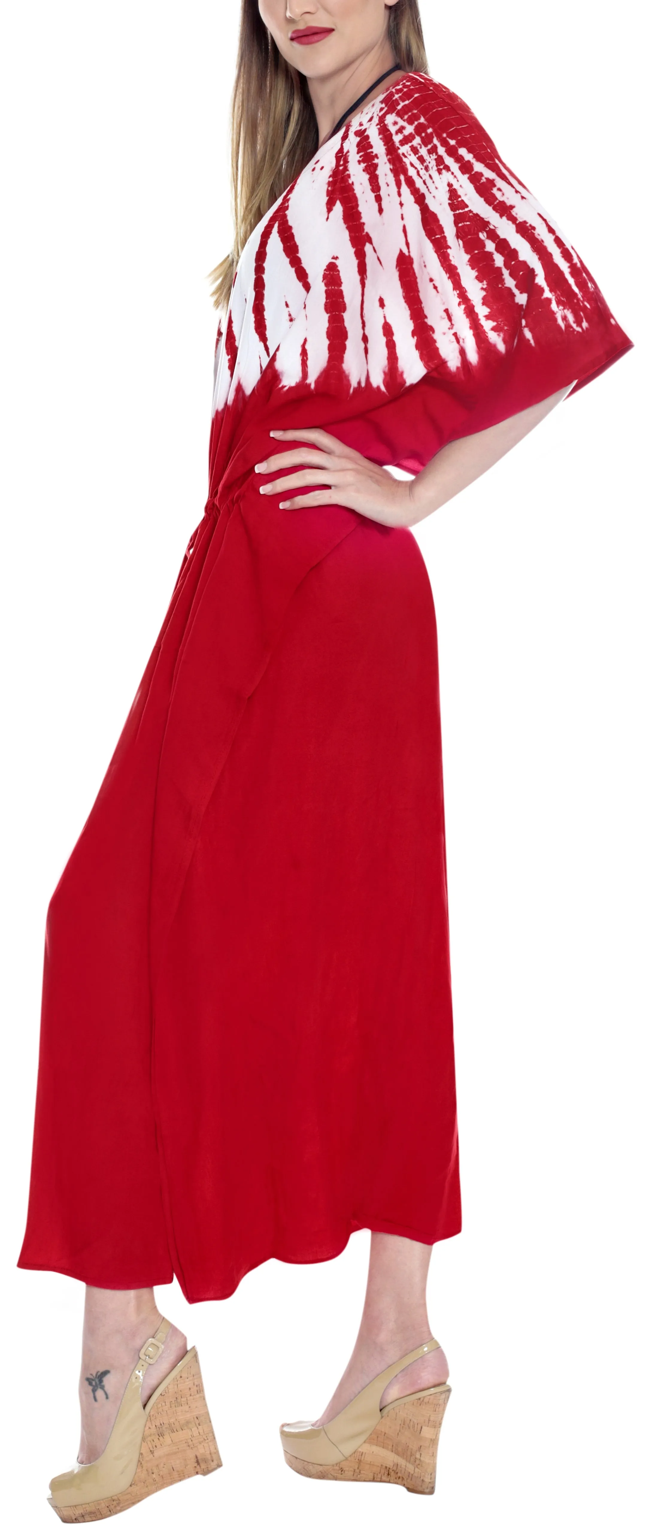 LA LEELA Lounge Rayon Tie_Dye Long Caftan Tunic Top Women Red_1400 OSFM 14-32W [L-5X]