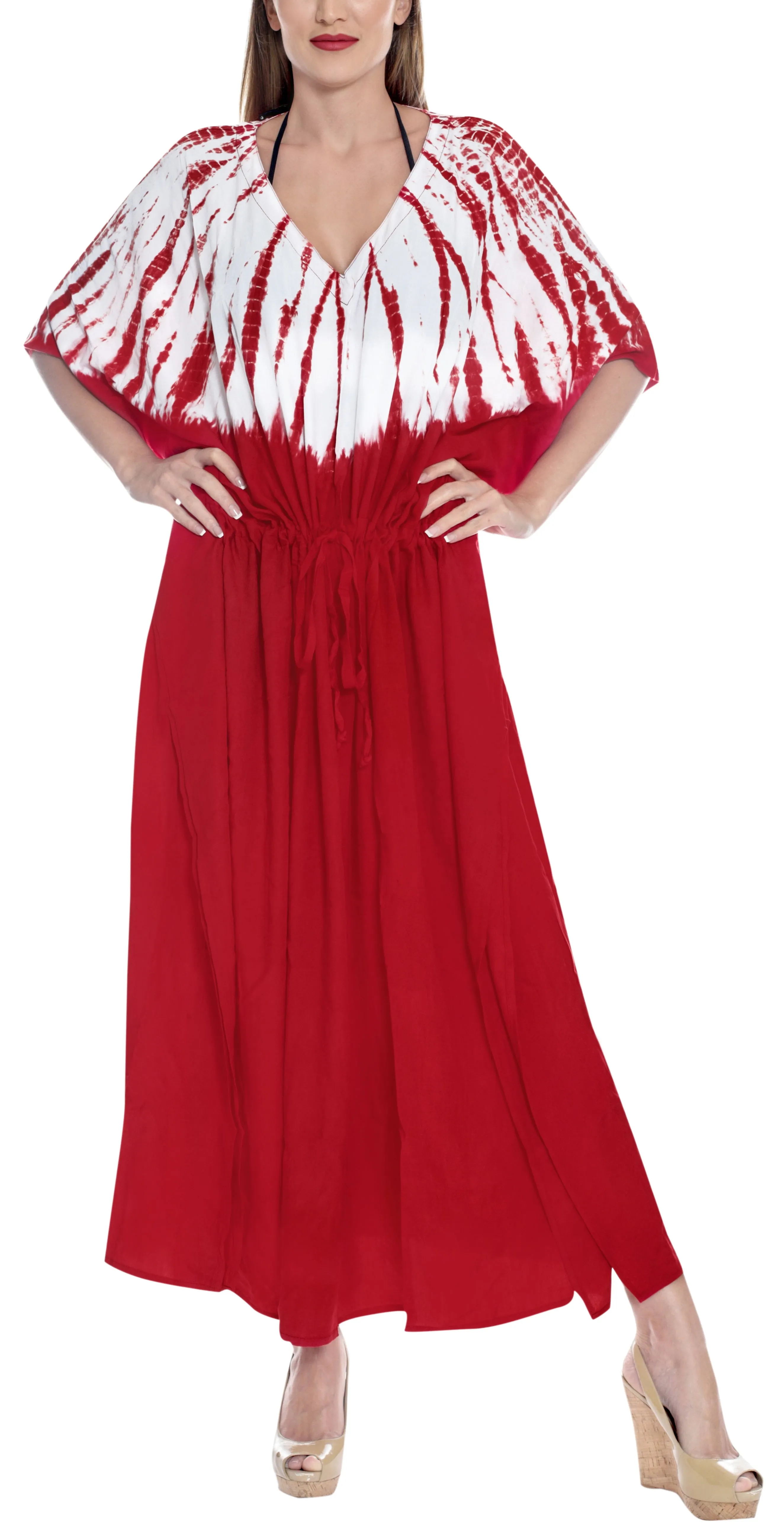LA LEELA Lounge Rayon Tie_Dye Long Caftan Tunic Top Women Red_1400 OSFM 14-32W [L-5X]
