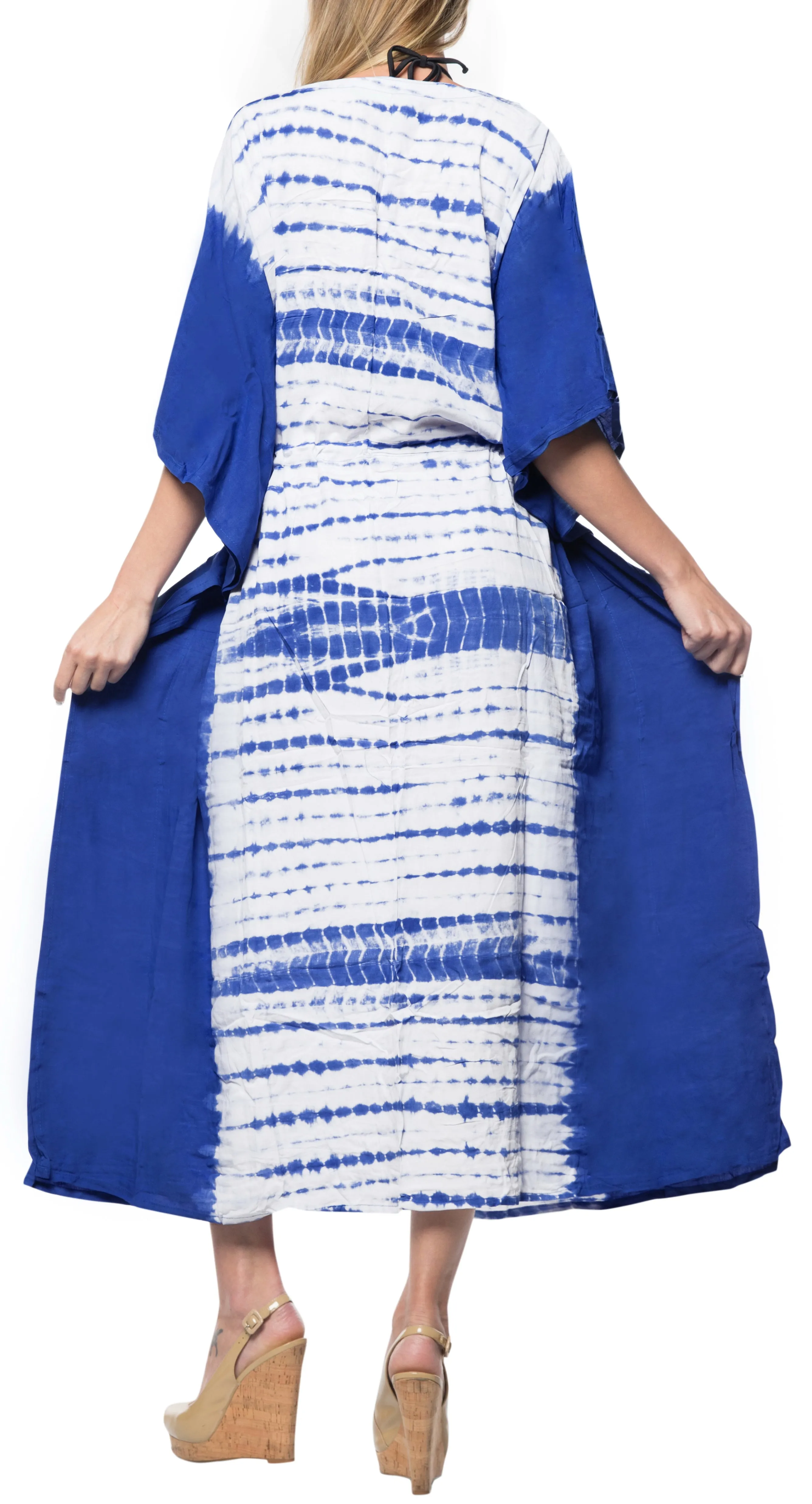 LA LEELA Lounge Rayon Tie_Dye Long Caftan Women's Royal Blue_1381 OSFM 14-32W [L-5X]