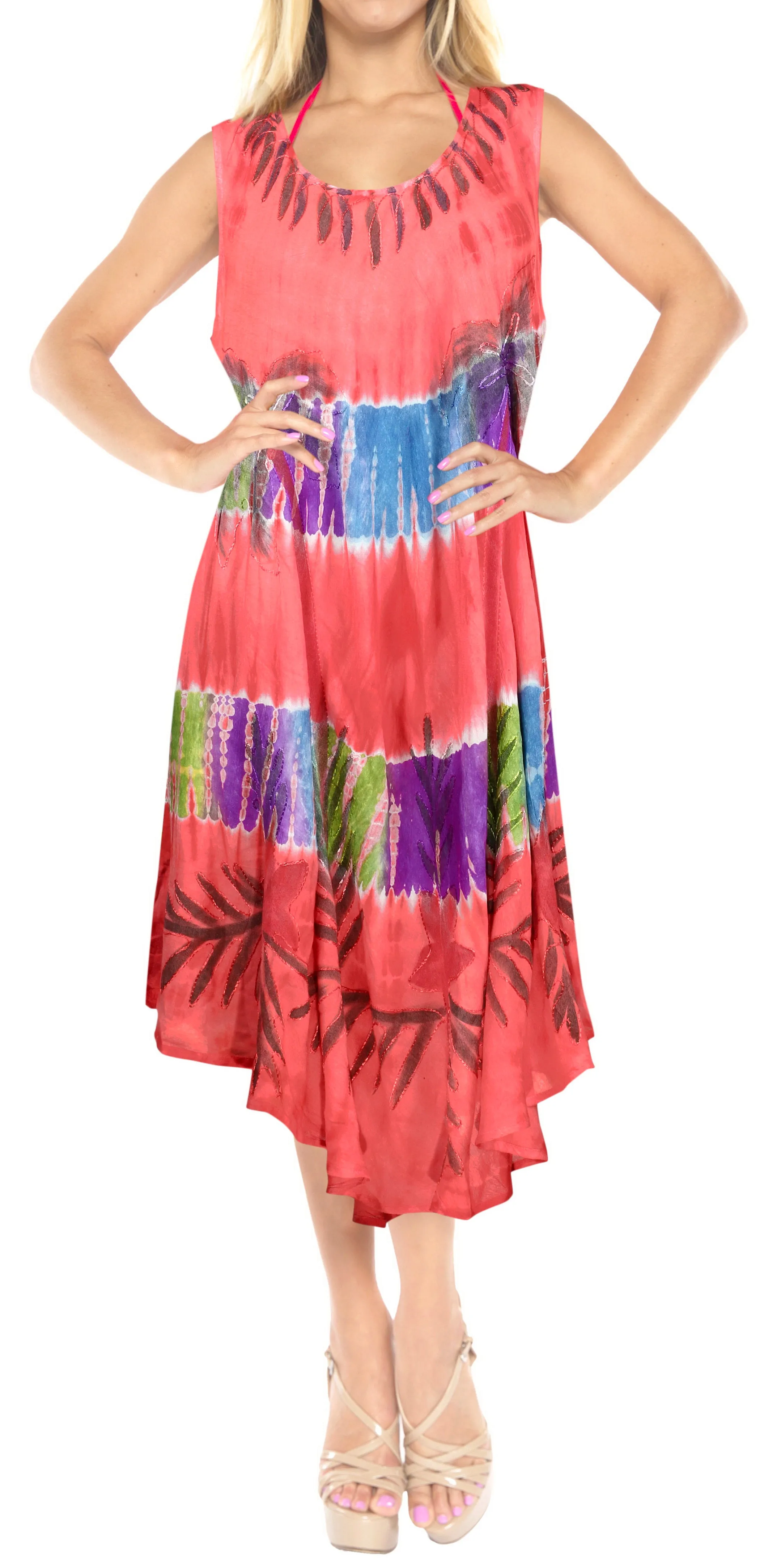 LA LEELA Palm Tree Tie Dye Sleeveless Beach Dress OSFM 14-20W [L- 2X]Peach_3690 Peach_A105
