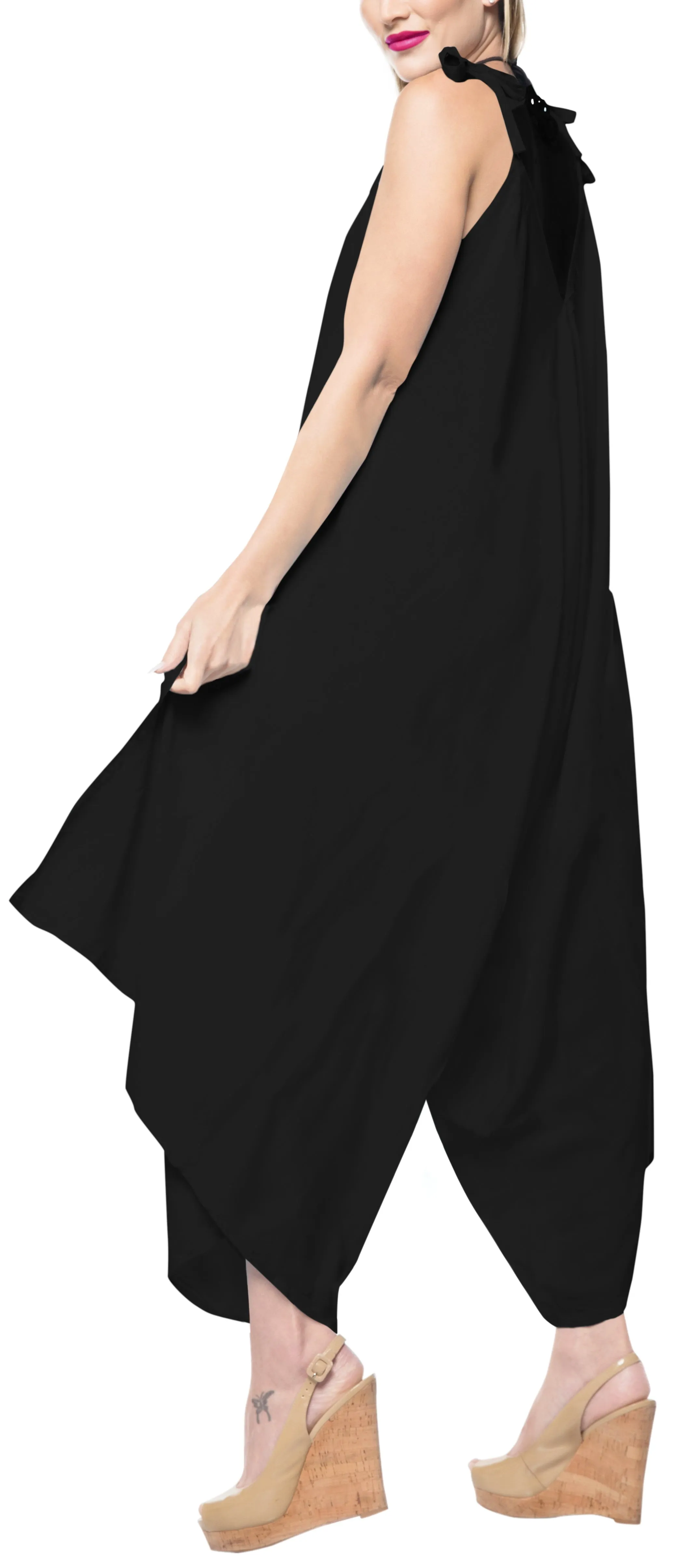 LA LEELA Rayon Solid Short Office Stretchy Jumpsuit Dress OSFM 14-16  Black_3427
