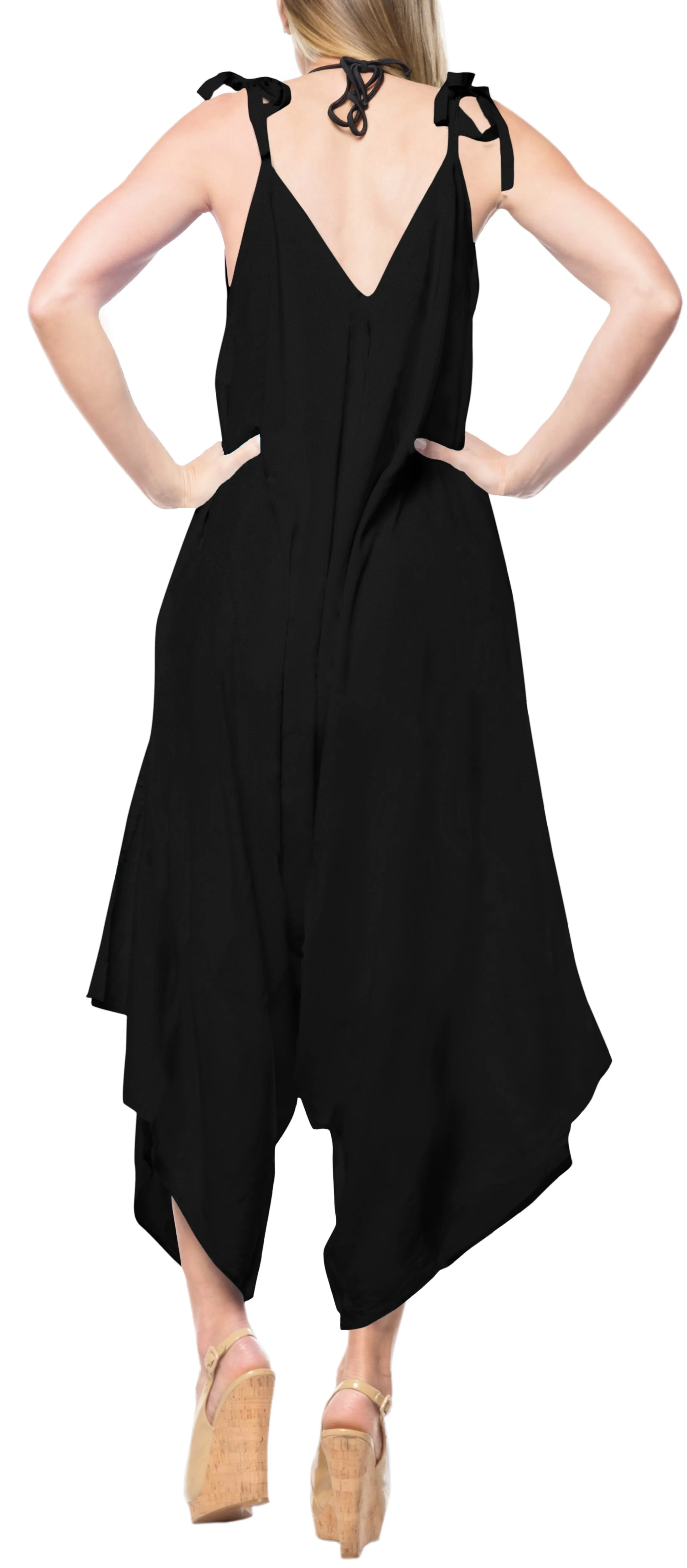 LA LEELA Rayon Solid Short Office Stretchy Jumpsuit Dress OSFM 14-16  Black_3427