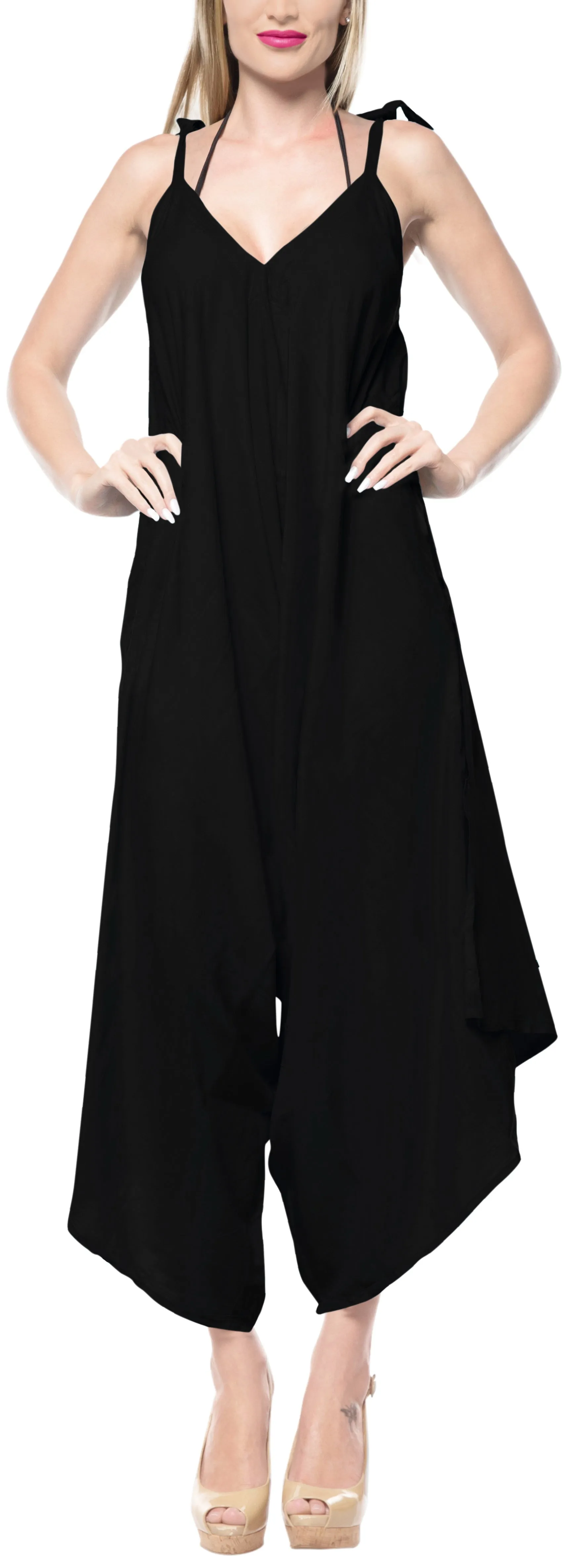 LA LEELA Rayon Solid Short Office Stretchy Jumpsuit Dress OSFM 14-16  Black_3427